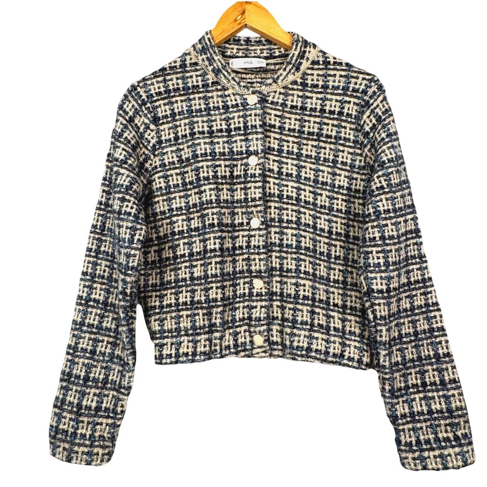 Mango MNG Womens Chunky Tweed Crop Sweater Jacket Sz XS Preppy Holidays Classic